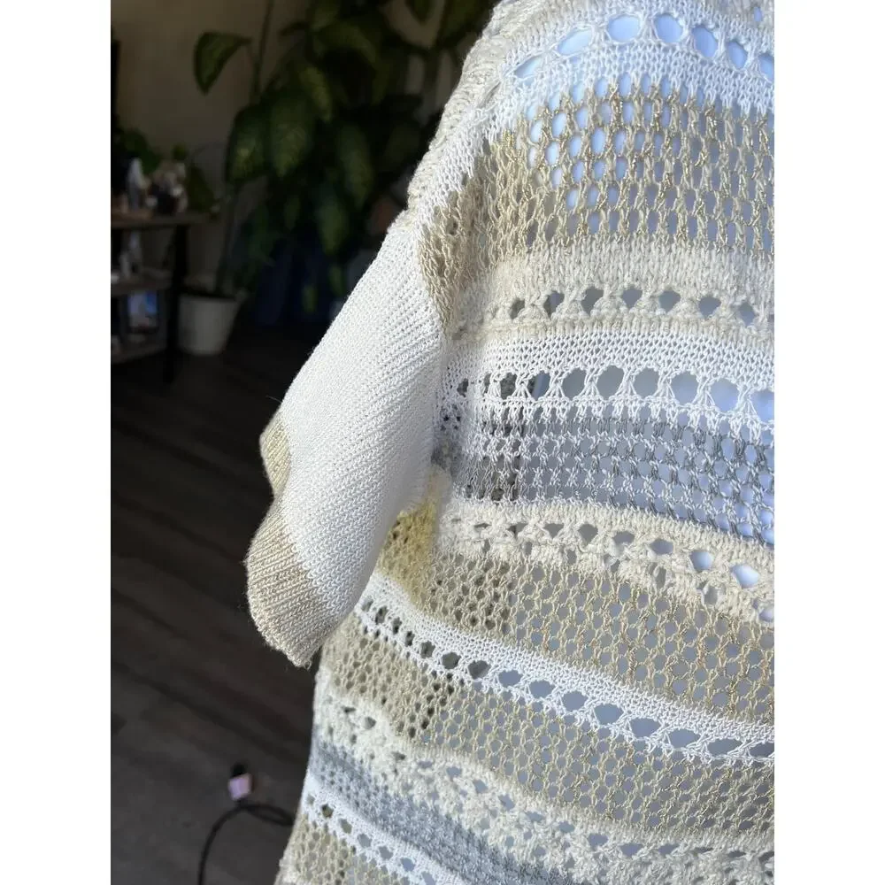 Chico's Small Open Weave Crochet V-Neck Slouchy Boho Short Sleeve Sweater #484‎